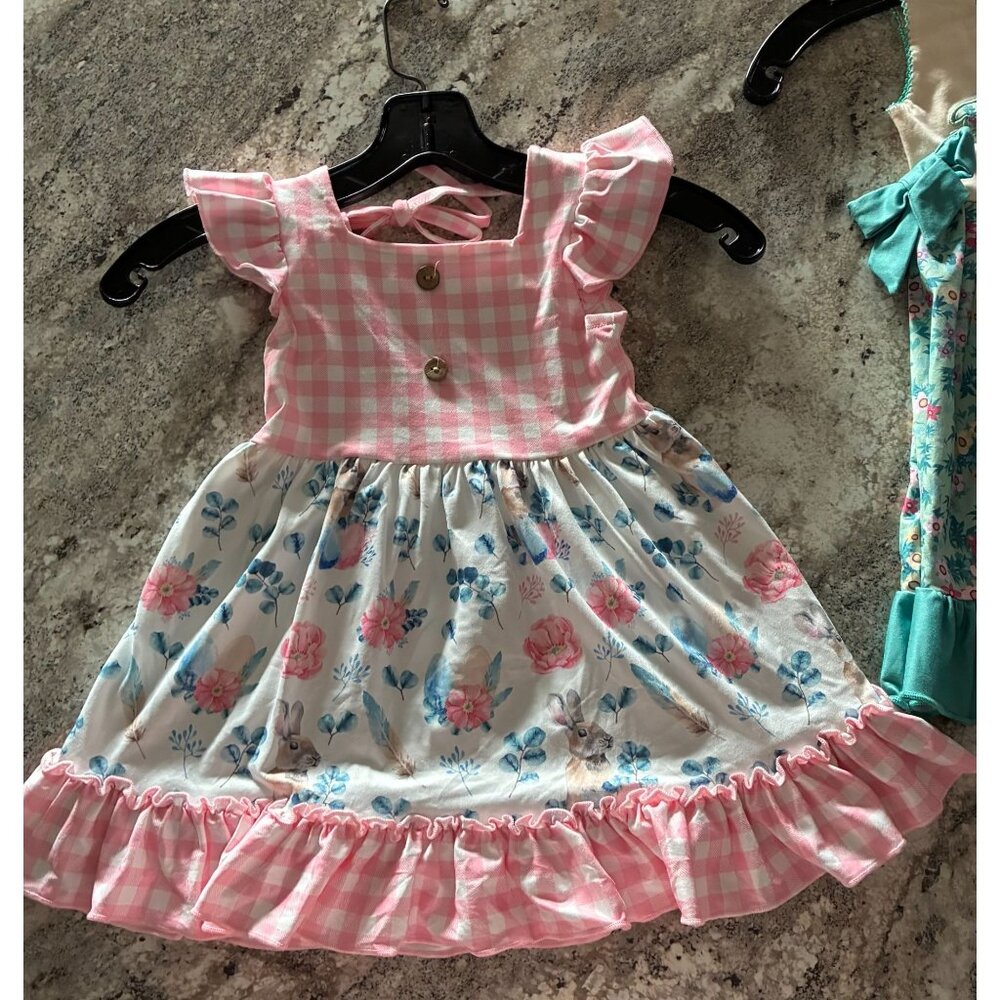 Toddler Girls Pink Gingham & Floral Bunny Print Ruffle Dress With Bow